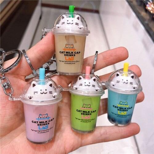 Cute Cartoon Cat Car Keychain Milk Tea Cup Liquid Crystal Quicksand Sequin Animal Shape Bag Pendant For Women Bag Key Chain
