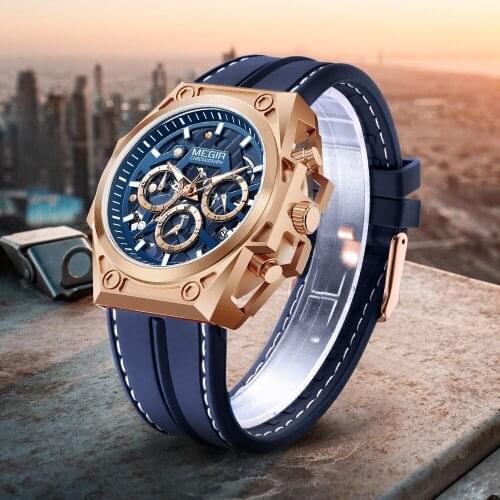 MEGIR 2021 Rose Blue Sports Men Watch Waterproof Chronograph Army Military Quartz Wrist Watch Man Clock Hour Relogio Masculino