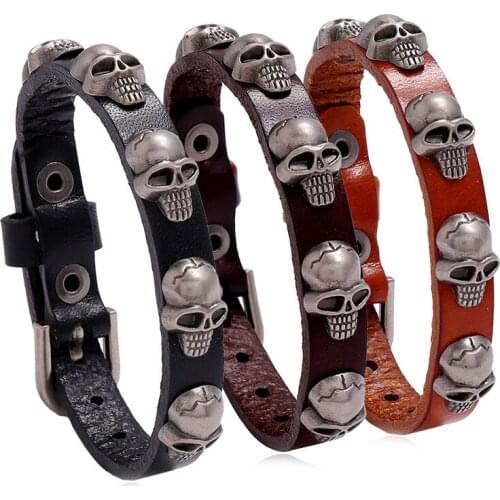 Jessingshow Unisex Metal Alloy Skull Accessories Genuine Leather Wristband Wide Cuff Punk Rock Bracelets Bangles For Women Men