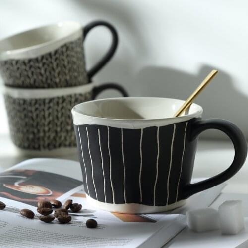 Japanese Style Retro Ceramic Coffee Cup Simple Black Stripe Breakfast Milk Mug Modern Home Afternoon Flower Tea Cup 300ml Single