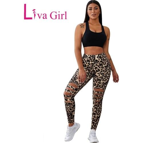 LIVA GIRL Leopard/Solid Black Hollow Out Fitness Activewear Leggings Woman High Waist Skinny Fit Pant Female Stertch Trousers XL