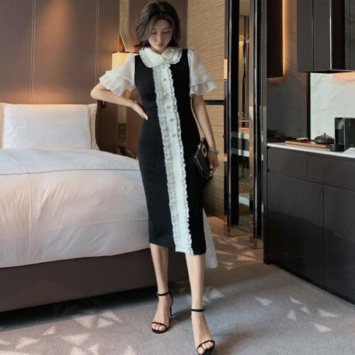 Summer Women Peter Pan Collar Short Sleeve Elegant Dress for Women Sexy Party Office Dresses Patchwork Bodycon Classy Dress