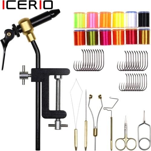 ICERIO Fly Tying Tool Kits include Tying Vise, Whip Finisher, Bobbin Threader, Bobbin Holders and 70D Thread Barbless Czech Hook