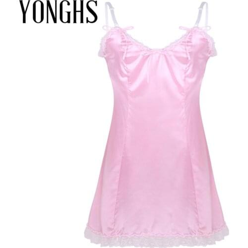 Mens Lingerie Sissy Crossdressing Dress Satin Straps V-neckline Low Back Gay Homme Sexy Costume Sissy Fancy Vintage Slip Dress