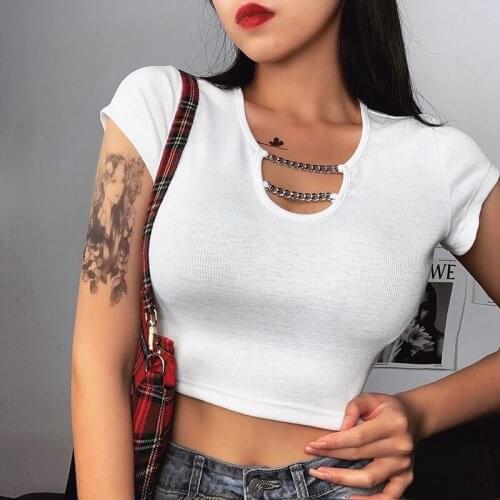 New Fashion Women Slim Fit T-shirt Female Chain Tops High Neck Women Croped Tops Tee Solid Shirt Fashion Clothes
