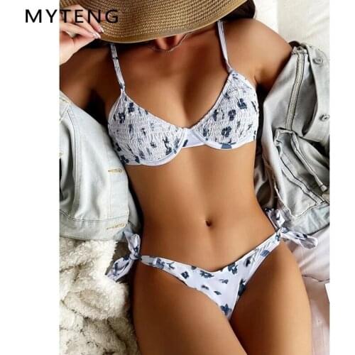 New Vintage Floral Printed Swimwear Women Bikini Sexy Underwire Push Up Bra Two Piece Set Swimsuit Beachwear Pleated Biqiuni