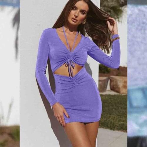 Cut Out Long Sleeve Bodycon Dress Shirring Sexy Cropped Hollow Out Halter Bandage Mini Dress Party Night Club Dresses Fall New