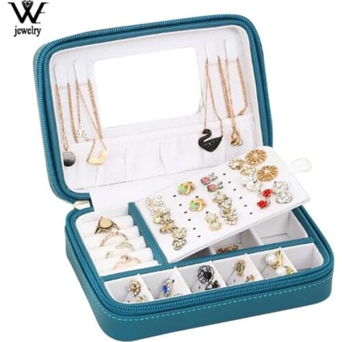 WE Portable PU Leather Zipper Jewelry Box with Mirror Travel Jewelry Organizer Multifunction Necklace Earring Ring Storage Box