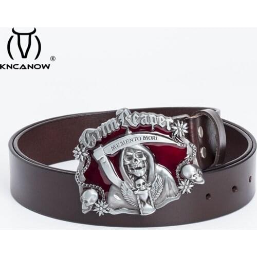 New Product Brand Luxury Design Genuine Leather Cowhide Belt Red Enameled Grim Reaper Skull Buckle Jeans Cowboy Belts Hot Sale