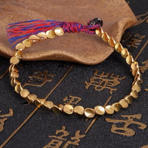 Handmade Buddhist Braided Cotton Copper Beads Bracelet Luck Rope Adjustable Bracelet For Boho Women Jewelry
