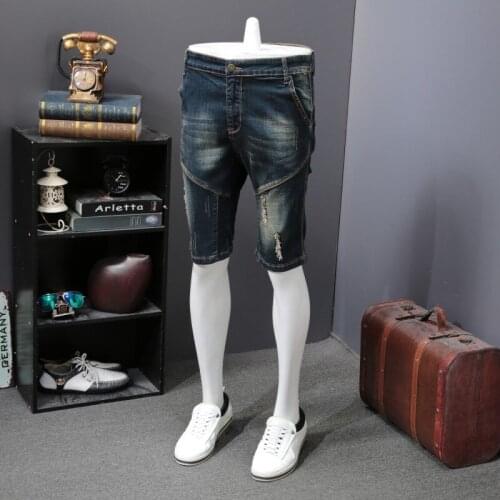 Summer Vintage Splice Knee-Length Shorts Men Hole Ripped Casual Biker Denim Shorts Fashion Slim Zipper Thin Hot Pants Dark Blue