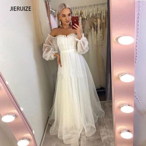 JIERUIZE Dot Tulle Off the Shoulder Boho Wedding Dresses Sweetheart Puff Sleeves Lace up Back Bridal Gowns Vestidos De Novia