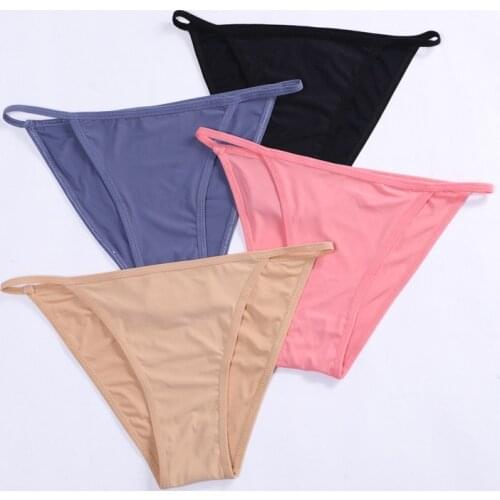Briefs Women Bikini Panties Big Size Low Rise Sexy Underpants Female Ice Silk Solid Cotton Crotch Underwear Thong/g-string