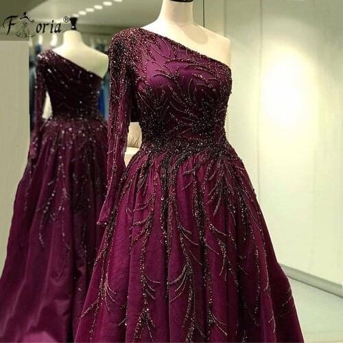 Wine Red One-Shoulder Evening Dresses Sexy Luxury Beaded Dubai Design A-Line Evening Party Gowns Robe De Soiree
