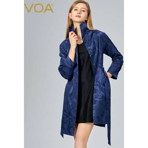 VOA Silk Jacquard Trench Coat Women Large Size Long Sleeve Slim Belt Outerwear Single Breasted Slant Pockets Casual Spring F506