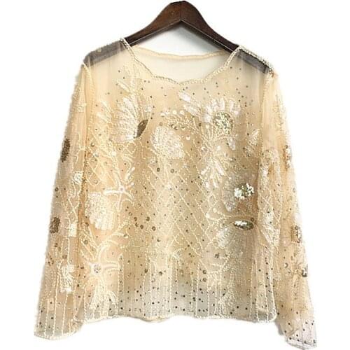 Elegant Embroidery Sequined T-shirts Long Sleeve Mesh Blouse Women Tops Hollow Out Pearl Tee Vadim Blusas Shein
