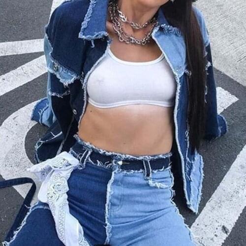 Vintage Patchwork Women Denim Coat Autumn Long Sleeve Color Contrast Single Breasted Pocket Streetwear Casual Oversized Jackets