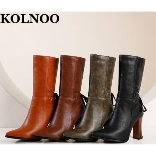 KOLNOO 22 Handmade Womens Chunky Heels Boots Mid-calf Vintage Style Four Colors Short Booties Winter Evening Party Fashion Shoes