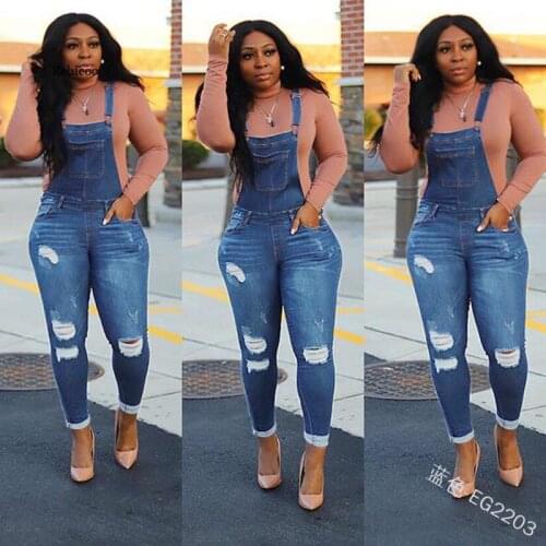 Women Skinny Denim Jumpsuits Plus Size Denim Overalls Fashion Holes Summer Women Jeans Casual Washed Trousers New