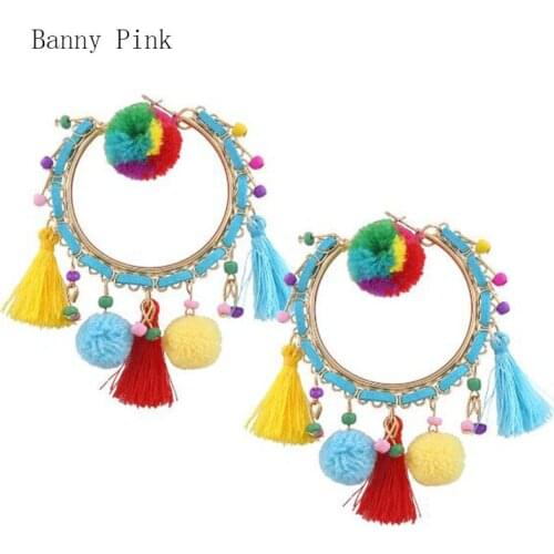 Bohemia Tassel Pendant Hoop Earrings For Women Ethnic Pompon Statement Earrings Chunky Geo Earrings Fashion Jewelry Pendientes
