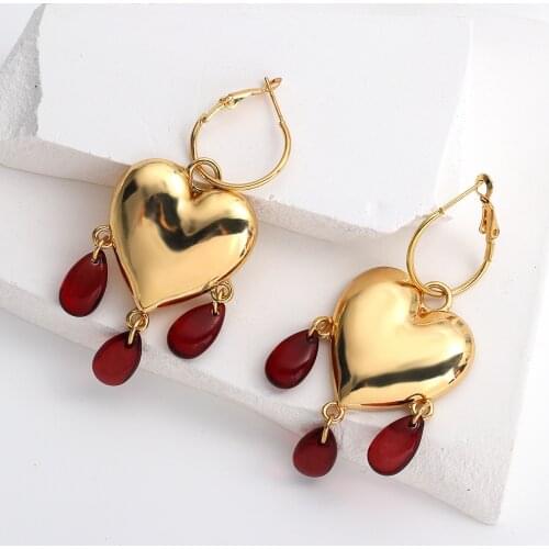 AENSOA Korea 2021 New Trendy Gold Color Love Heart Earrings Vintage Personality Acrylic Red Beads Drop Earrings Party Jewelry