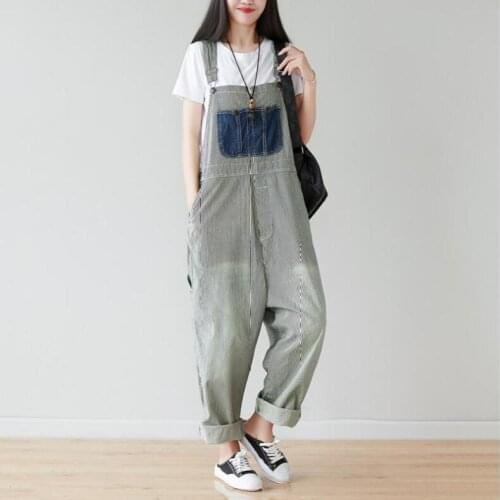 Jumpsuits Women 2020 Striped Denim Leisure Big Pocket Ladies Overalls Womens Ankle Length Pants