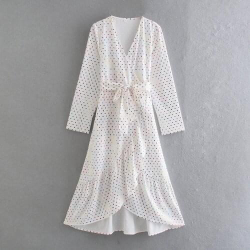 Spring Autumn Women Rainbow Dot V-neck Wrapped Lace-up Long Sleeve Dress Irregular Fishtail Dress