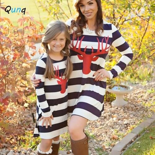 Qunq Mommy and Me Dress 2021 New Spring Long Sleeve Dress for Women Girls Cartoon Elk Matching Mother Daughter Clothes