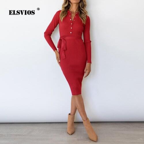 2021 Autumn Casual Button Knitted Dress Winter Sexy Slim Long Sleeve Party Pencil Vestidos Women Elegant Belt Midi Solid Dresses