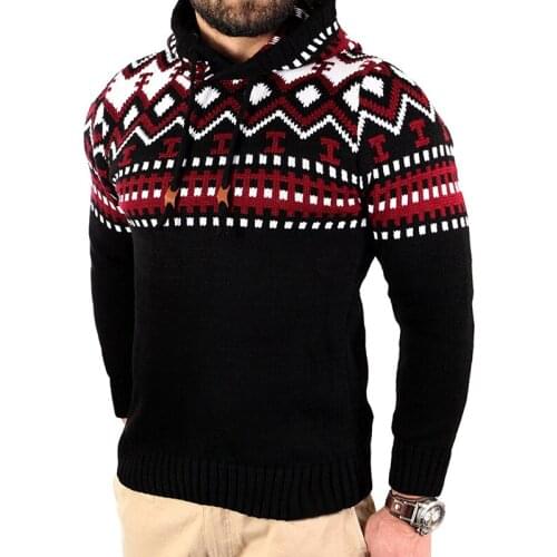 2018 fashion contrast color stitching sweater mens fashion slim pullover knit sweater round neck hooded winter Hooded sweater