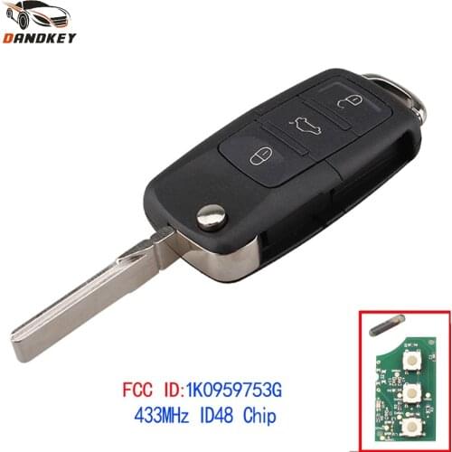 Dandkey 3 Buttons Folding Key Remote Key Fob For VW Volkswagen Golf Plus Jetta Touran Tiguan EOS 1K0959753G 434Mhz With ID48