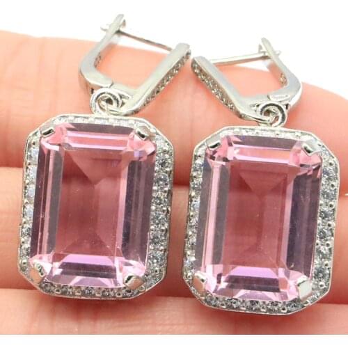 62x21mm Beautiful Peacock Created Pink Raspberry Rhodolite Garnet White CZ Wedding Ladies Silver Earrings