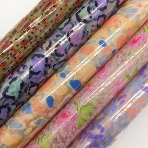 Amonglitter Wholesales Leather Supplier Leopard Flowers Printed TPU See Through Transparent Leather For Bows DIY 21x29cm MB169