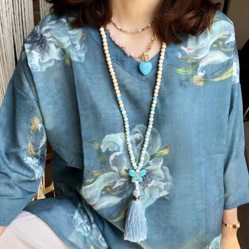 Bohemian Necklace for Female with Ethnic Wooden Bead Beaded Necklace Turquoise Butterfly Pendant Tassel Long Jewelry Wholesale