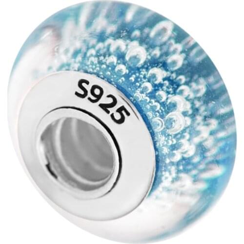 Fits for Pandora Bracelets Blue Water Bubble Murano Glass Beads 100% 925 Sterling Silver Charms Fine Jewelry Free Shipping