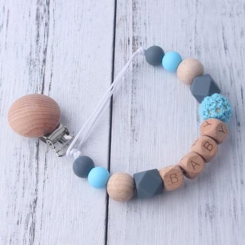 Wooden Silicone Letter Pacifier Chain Clip Bead Bracelet Pendants Toy for Baby Infant Chew Rope Nipple Holder Bite Teether Gift