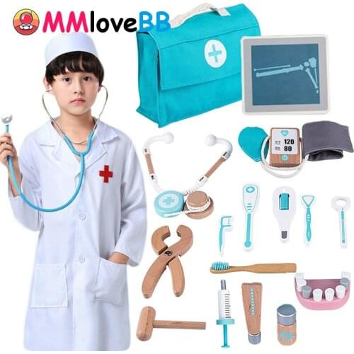 Kids Wooden Doctor Toy Set Simulation Family Doctor Nurse Medical Kit Toy Pretend Play Hospital Medicine Accessorie Children Toy