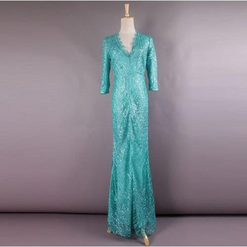 High Quality 2021 Spring Newest Fashion Luxury Diamond Sky blue Shiny Slim V-Neck Nail Bead Embroidery Formal Long Dress