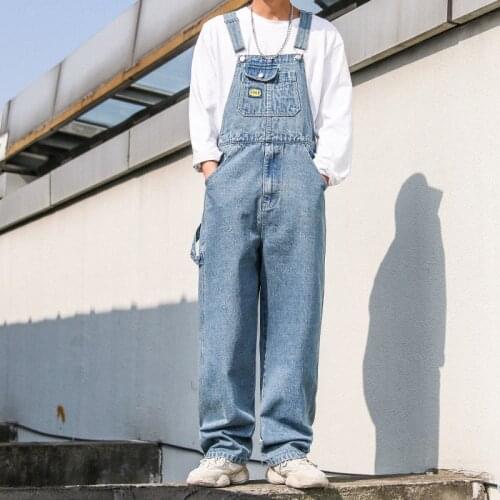 Firmranch Fall/Spring Men/Women Retro Straight Leg Suspender Jeans Vintage Casual Jumpsuit Loose Long Bib Pants Dad Denim Pants