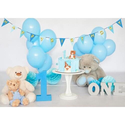 Blue Balloon Pennant Bear Cake Photo Backdrop Vinyl Cloth Background Photography Props for Children Baby One Birthday Photocall