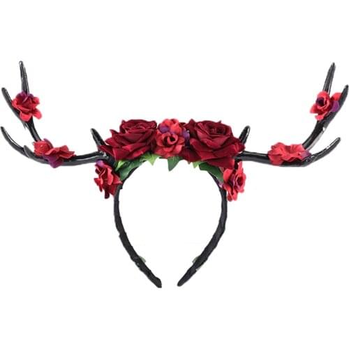 Gothic Antler Headdress Deer Horn Rose Floral Headband Vintage Cosplay Halloween Accessories Fancy Dress