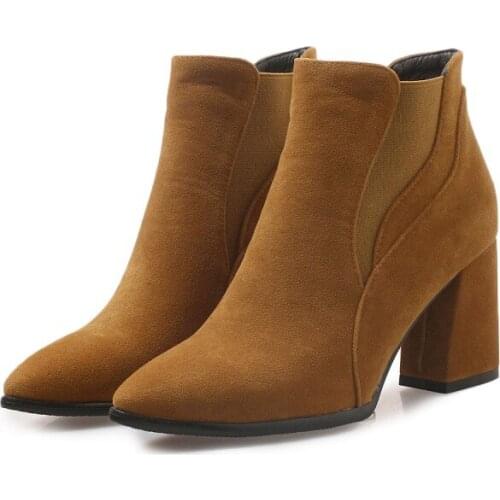Big Size Ma'am Coarse heel Short boots Pure color boot barrel Suede high-heeled boots