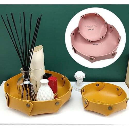 Round Debris Storage Box Tray Leather Tabletop Snacks Key Cosmetics Organizer Pot High Quality Trend Office Desk Storage Basket