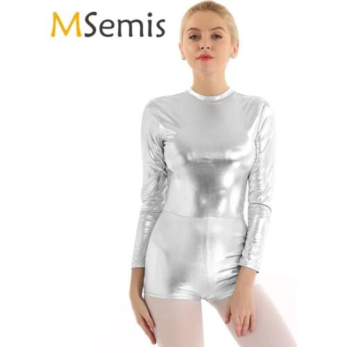 Womens Gymnastic Biketard Bodysuit Shiny Metallic Mock Neck Long Sleeves Keyhole Back Leotard Performance Dance Costume Biketard