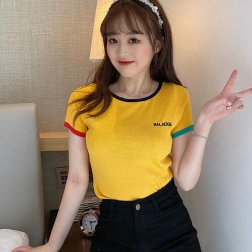 Summer Candy-Colored Slim-Fit Short-Sleeved Knitted T-Shirt Women Back Cross Round Neck Top