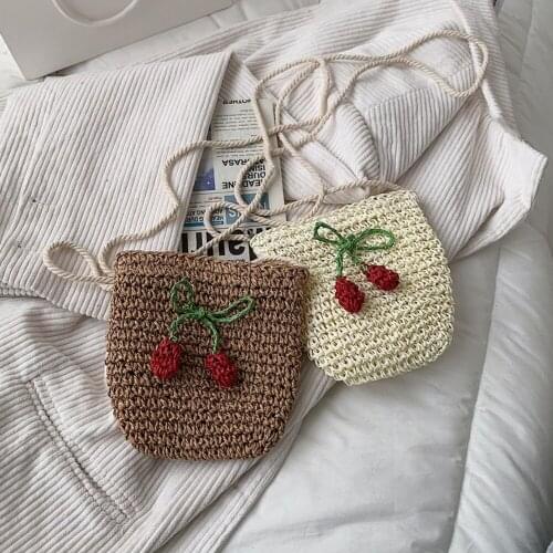 Fashion Women Woven Cherry Crossbody Bag Cute Girl Shoulder Messenger Bag Summer Beach Ladies Zipper Small Purse