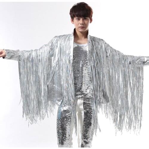 Men Tassel Suit Blazers Jacket Nightclub Mens Singer Bar Dj Rock Punk Silver Fringe Suit Leather Show Performance Costume