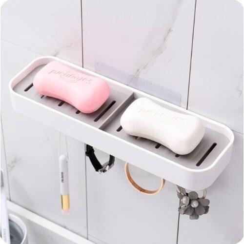 Suction Wall-hung Drain Soap Holder Bathroom Accessories Soap Dish Double Grid Soap Box With Hooks
