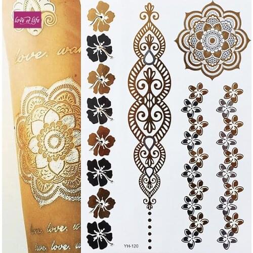 New Indian Arabic Designs Golden Silver Flash Tribal Henna Tattoo Metali Temporary Tattoos sticker on body hand 1pcs