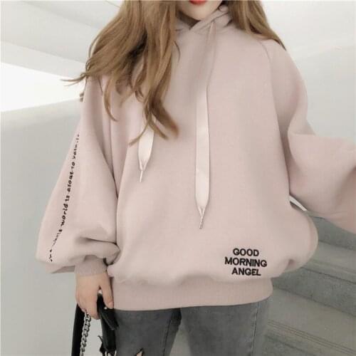 Autumn And Winter Bubble Sleeves Korean Style Fleece-lined Thickened Hooded Sweatshirt Womens Loose Lazy Style Wn
